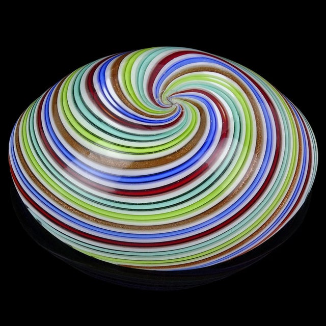 Vintage Murano Dino Martens Red Blue White Copper Aventurine Swirl Italian Art Glass Ribbons Dish Bowl For Sale - Image 10 of 11