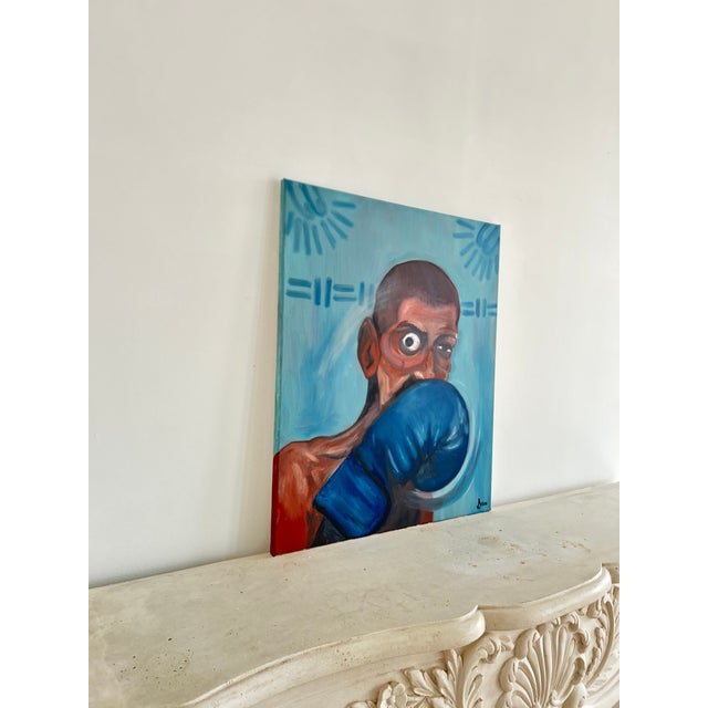 This painting explores awareness and readiness. The figure is partially guarded, with the glove raised and the eye open,...