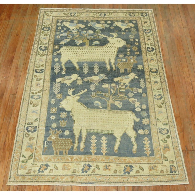 Mid 20th Century Pictorial Sheep Pigeon Sea Foam Turkish Anatolian Accent Size Decorative Rug - 4'6" x 7'2" For Sale - Image 14 of 18