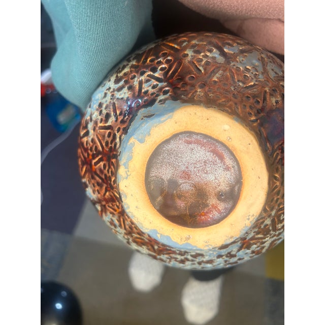 Mid‑Century European Textured Ceramic Vase – Teal & Brown Volcanic Glaze For Sale - Image 15 of 16
