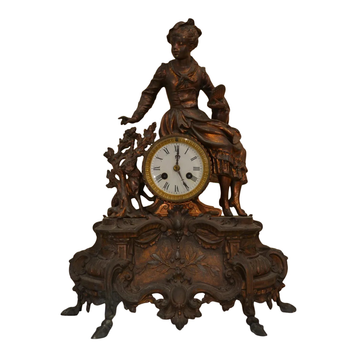 Antique Clock Japy Freres Figural 'Girl With Dog' Mantel | Chairish