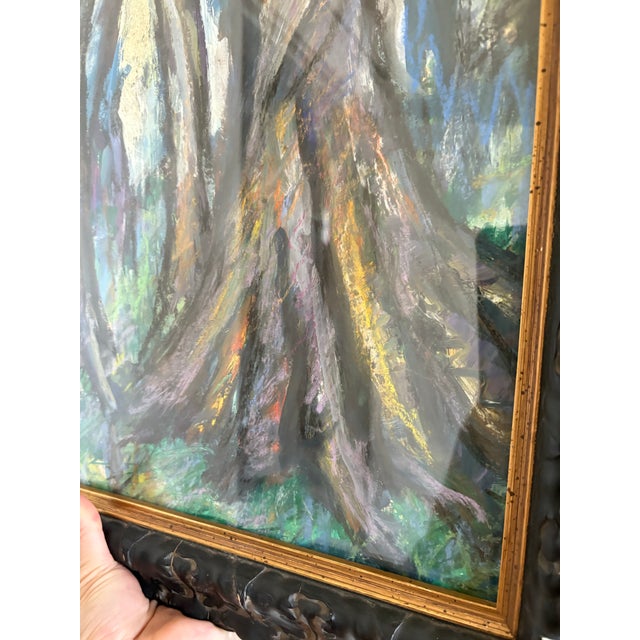 Modern 1980s Vibrant Pastel Landscape in Vintage Leaf Motif Frame For Sale - Image 3 of 6