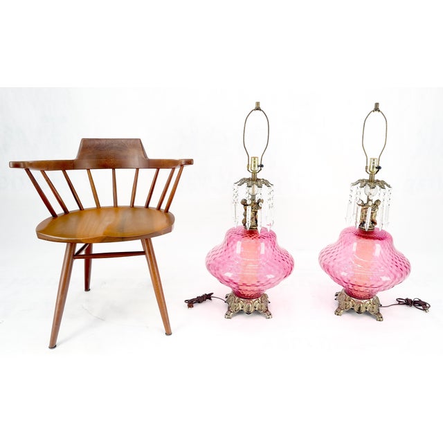 Pair of Large Cranberry Glass Crystal Decorated Table Lamps MINT! For Sale - Image 13 of 15