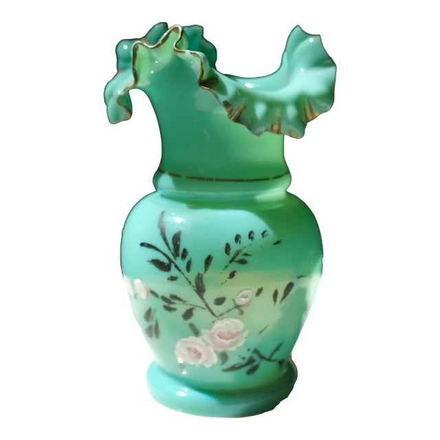 Fenton Art Glass Ruffle Rim Bud Vase Hand Painted Florals For Sale
