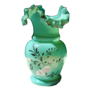 Fenton Art Glass Ruffle Rim Bud Vase Hand Painted Florals