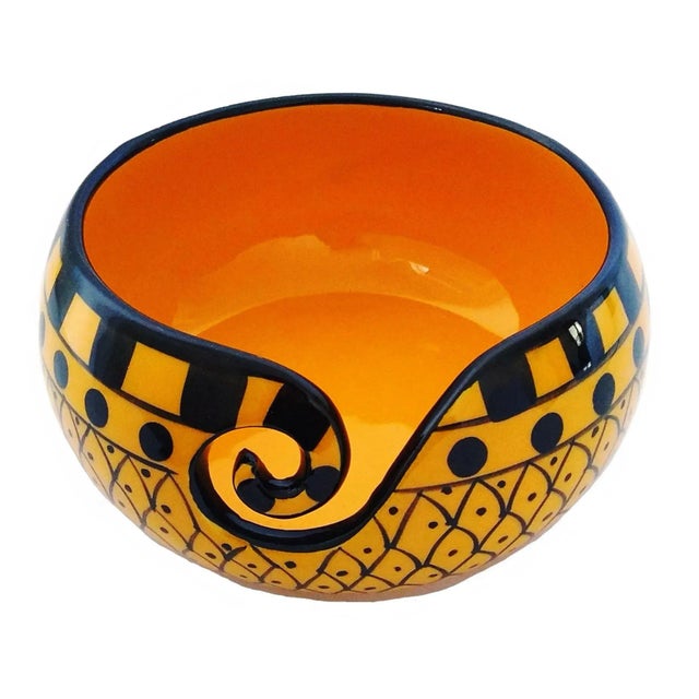 2010s Boho Chic Handcrafted Curry Yellow Ceramic Yarn Bowl For Sale - Image 5 of 5