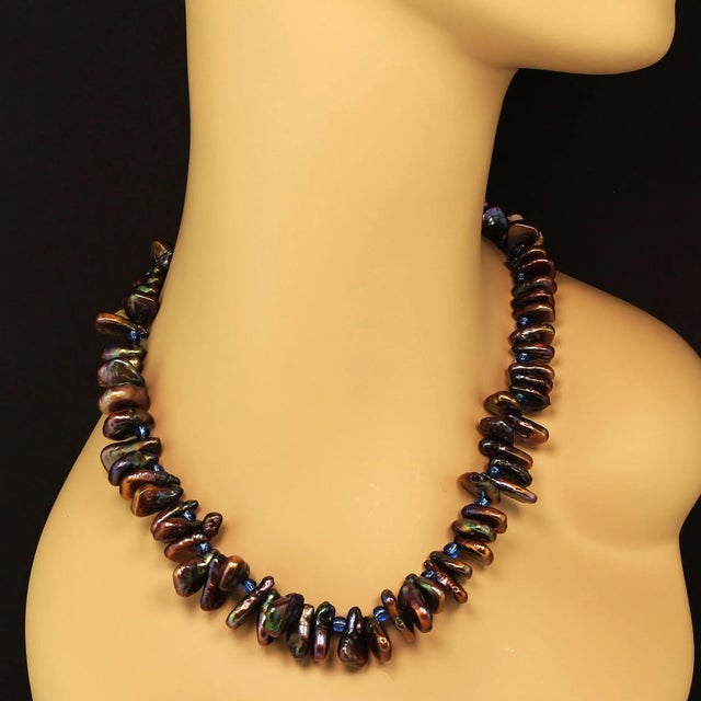 27 Inch Iridescent, Triangular Bronze-Green Pearl Necklace June Birthstone For Sale - Image 4 of 8