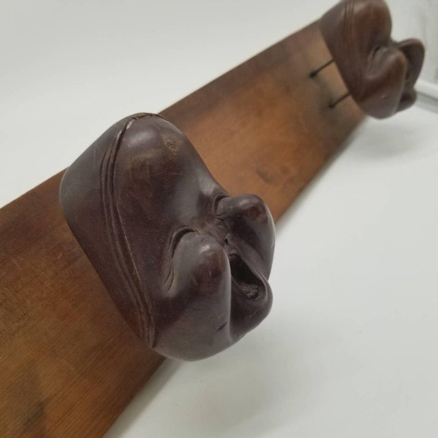 Wood Hand-Carved Japanese Vintage Ofuku & Noh-Style Mask Trio on Wooden Panel – Signed For Sale - Image 7 of 17