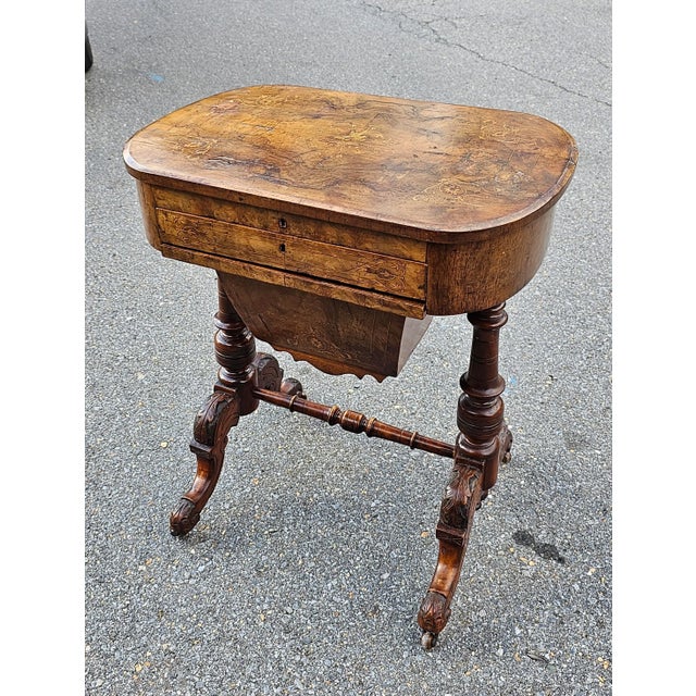 19th Century Victorian Marquetry Burl Walnut Sewing Table For Sale - Image 11 of 11
