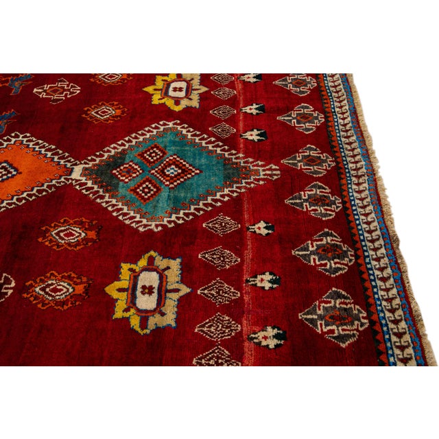 Textile Red Vintage Shiraz Handmade Pictorial Designed Wool Rug For Sale - Image 7 of 10