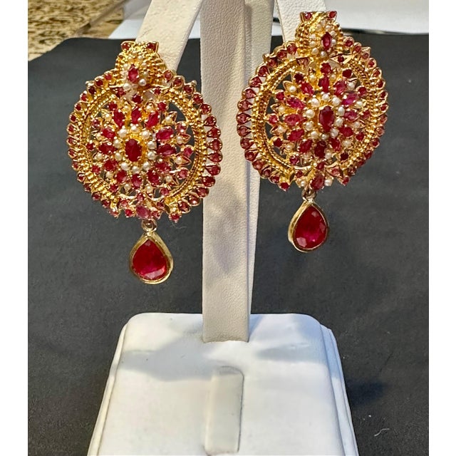 22 Karat Gold Ruby & Natural Pearl Yellow Gold Circle Stud Earring, Hanging Ruby For Sale - Image 17 of 18