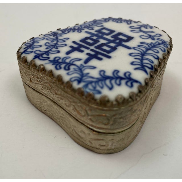 Vintage Chinese Porcelain Shard Box Oriental Decorative Nickel Silver For Sale In Palm Springs - Image 6 of 11