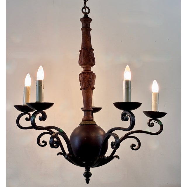 Early 20th Century Early 20th Century Spanish Wrought Iron and Wood Light Fixture For Sale - Image 5 of 8