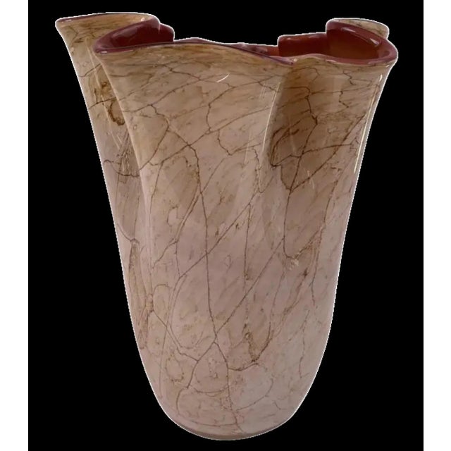 Tan Krosno Jozefina Art Glass White Exterior Dark Pink Interior Ruffled Vase For Sale - Image 8 of 10