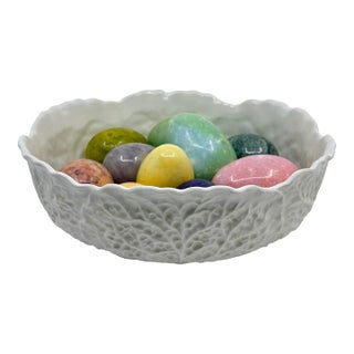 Vintage Majolica Style White Cabbage Bowl With Colorful Alabaster Eggs Made in Italy- Set of 11 Pieces For Sale