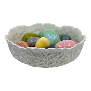 Vintage Majolica Style White Cabbage Bowl With Colorful Alabaster Eggs Made in Italy- Set of 11 Pieces