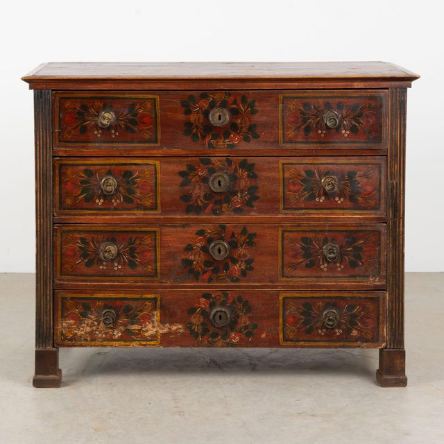 Folk Art Hungarian Original Hand-Painted Pine Chest of Four Drawers Dated 1865 For Sale - Image 3 of 18