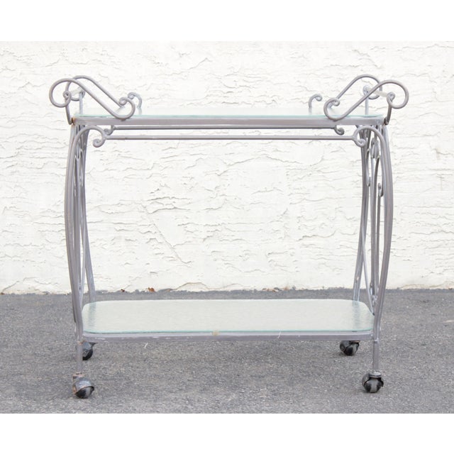 French Style Vintage Wrought Iron Scroll Two-Tier Outdoor Bar or Serving Cart For Sale In Philadelphia - Image 6 of 13
