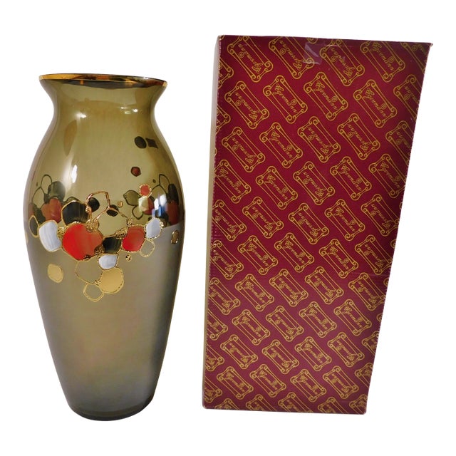 Large Mid Century 16" Egermann Czech Republic Bohemia Crystal 24k Gold Trim Vase For Sale