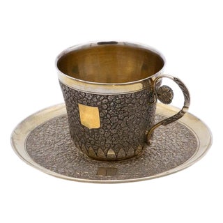 Cup and Saucer in Embossed Silver with Monogram Card, Set of 2 For Sale