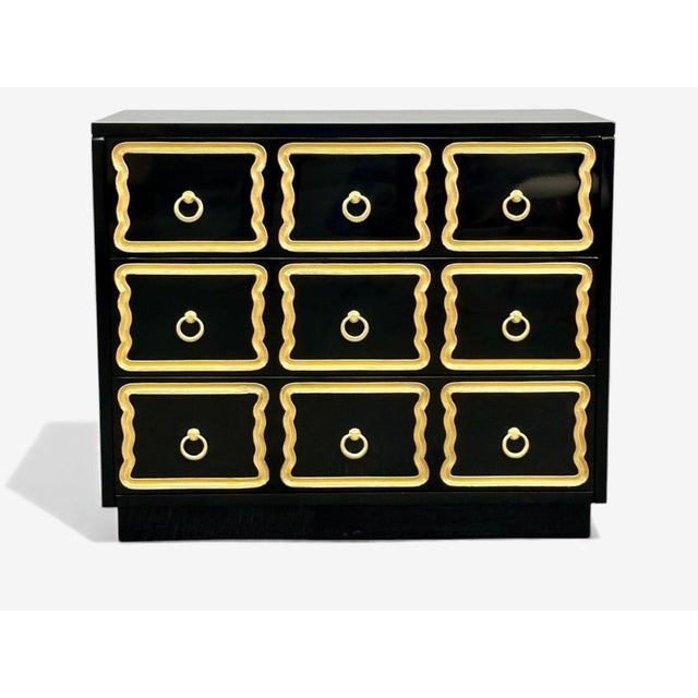 Dorothy Draper Style, Hollywood Regency, Black Lacquer, Gilt, Brass, Commodes, A Pair For Sale In New York - Image 6 of 10