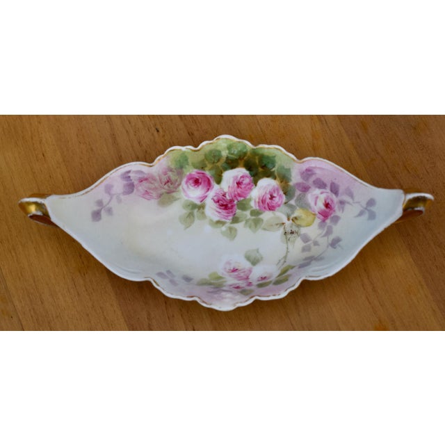 Limoges, France Signed Limoges Nappy Dish Elite Works Leaf Hand Painted Pink Roses Gold For Sale - Image 4 of 14