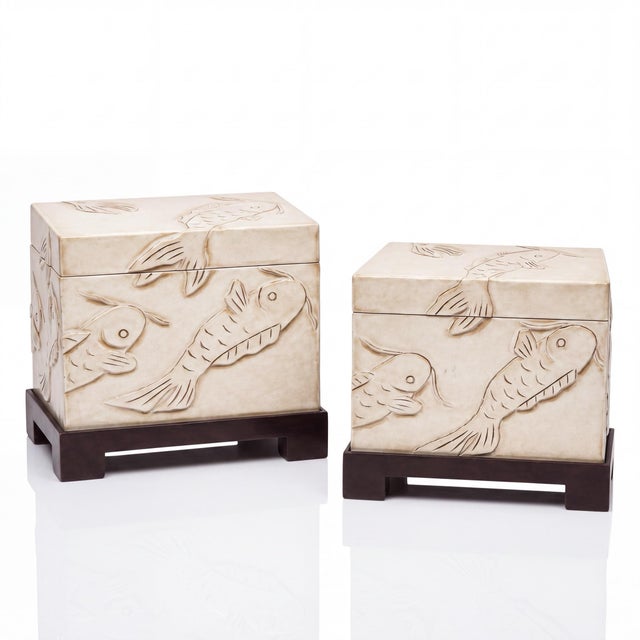 Mid-Century Modern Mid-Century Asian Modern Ivory Glazed Koi Fish Box on Stand Side Tables - Pair For Sale - Image 3 of 6