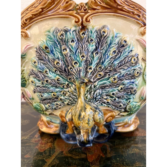 Late 19th Century Antique French Majolica Jardinière Planter Peacock Onnaing Large Cache Pot C1880 For Sale - Image 5 of 18