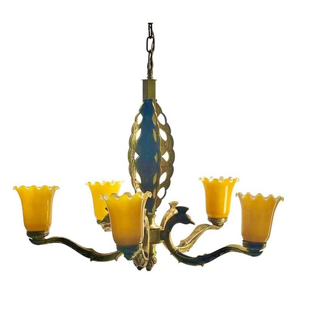 Art Deco Bronze Chandelier Details with 5 Glass Shades, 1930s For Sale - Image 9 of 18