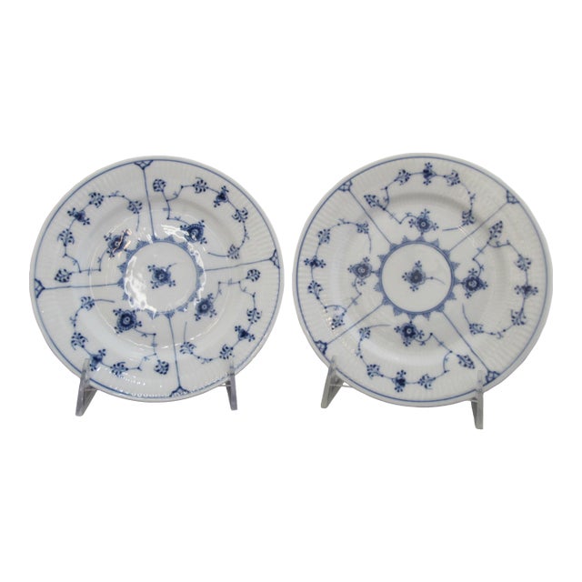 Royal Copenhagen 180 Denmark Plain Blue Fluted 6 3/4" Dessert Plate Dish Pair For Sale