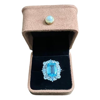Classic Italian Bochic Capri Blue Topaz Cocktail Ring Set 18K Gold & Silver For Sale