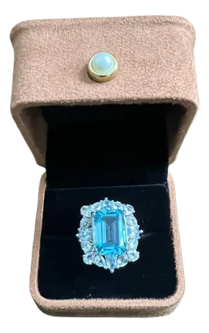 Classic Italian Bochic Capri Blue Topaz Cocktail Ring Set 18K Gold & Silver