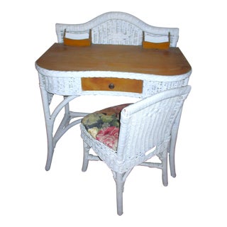 1900s Antique Victorian Signed "Merikord" Wicker & Wood Desk and Chair Set of 2 For Sale