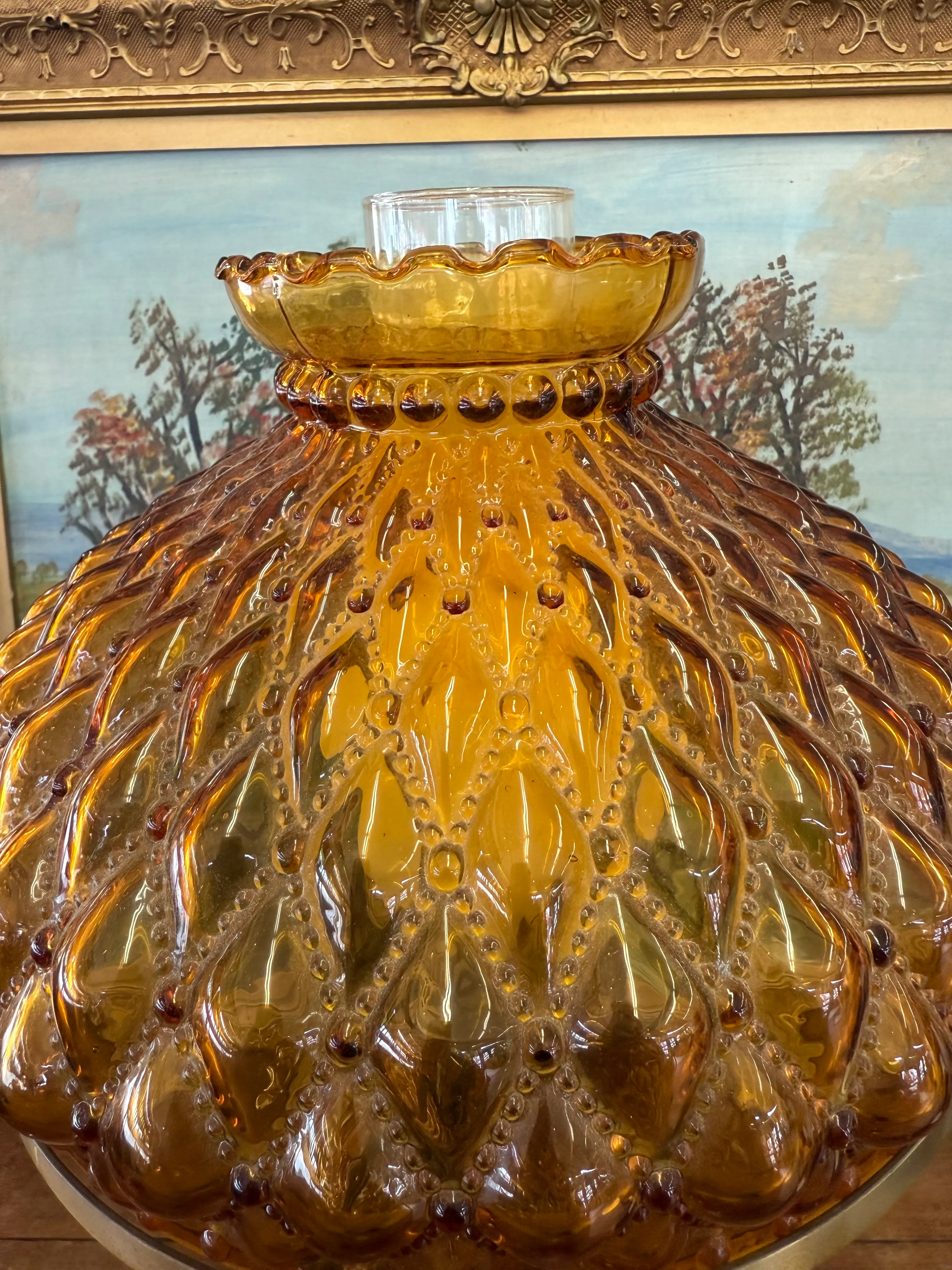 Vintage Mid Century Modern Amber Glass Lamp With Diamond Point