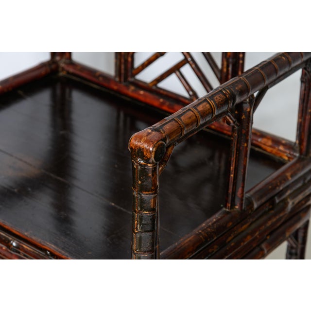 19Th C. Pair Chinese Dark Tortoiseshell Bamboo Armchairs Early For Sale - Image 10 of 12