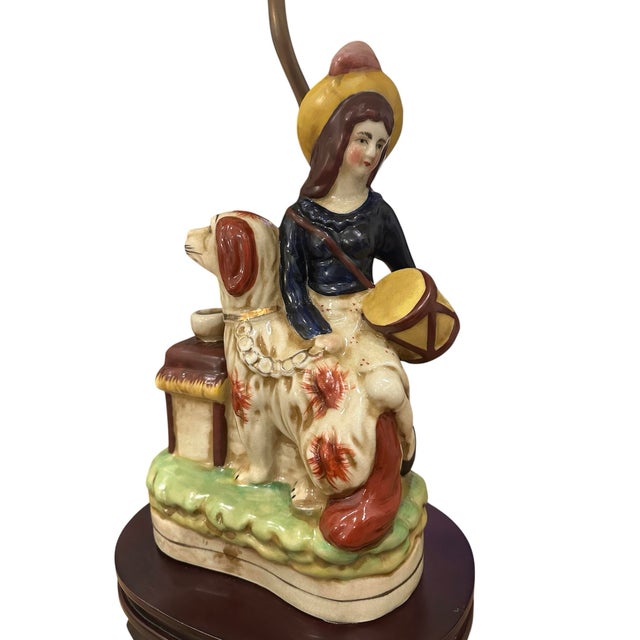 Antique English Staffordshire Pottery Dog & Girl / Lady Figural Lamp With Ivory Silk String Shade. For Sale In Dallas - Image 6 of 9