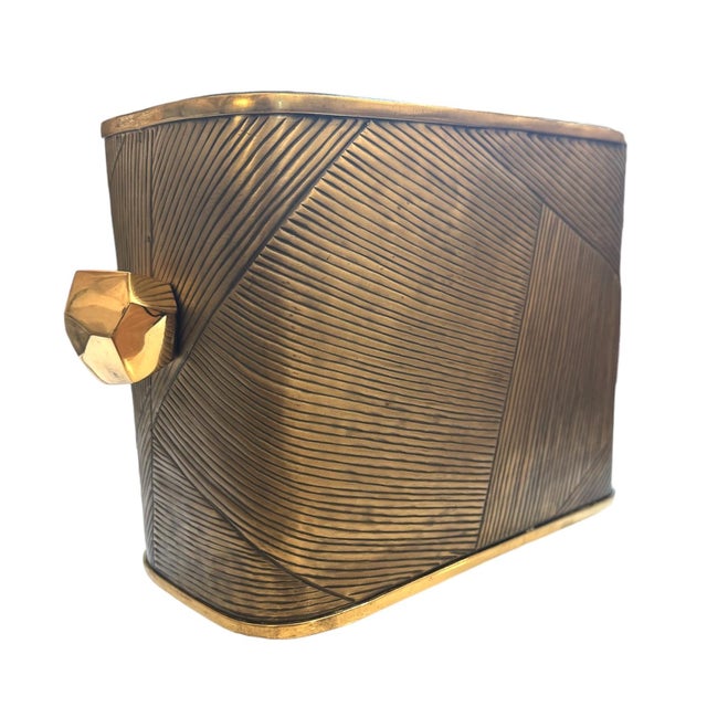 Luxurious Art-Deco style solid brass ice bucket, designed by Interior Designer Jay Jeffers. Solid heavy-weight aged-brass...