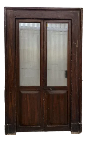 Two-Leaf Door with Solid Fir Wood Frame & Frosted Striped Glass, Italy