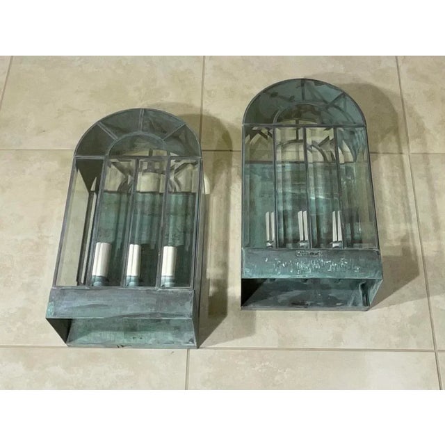 Metal Pair of Vintage Handcrafted Wall-Mounted Brass Lantern For Sale - Image 7 of 12