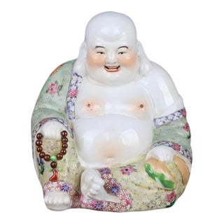 Chinese Vintage Ceramic Buddhist Sculpture,Hand Carved Famille Rose Porcelain Statue of Maitreya Buddha For Sale
