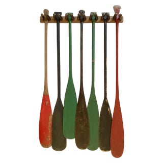 Set of 7 Vintage Canoe Paddles With Paddle Rack For Sale
