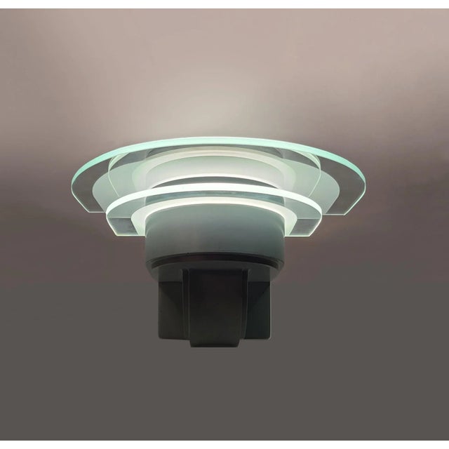 Postmodern 1980s Postmodern Luminaire Industrial Metal Sconces With Glass Saturn Rings in the Manner of Architect Richard Meier - Set of 3 For Sale - Image 3 of 12