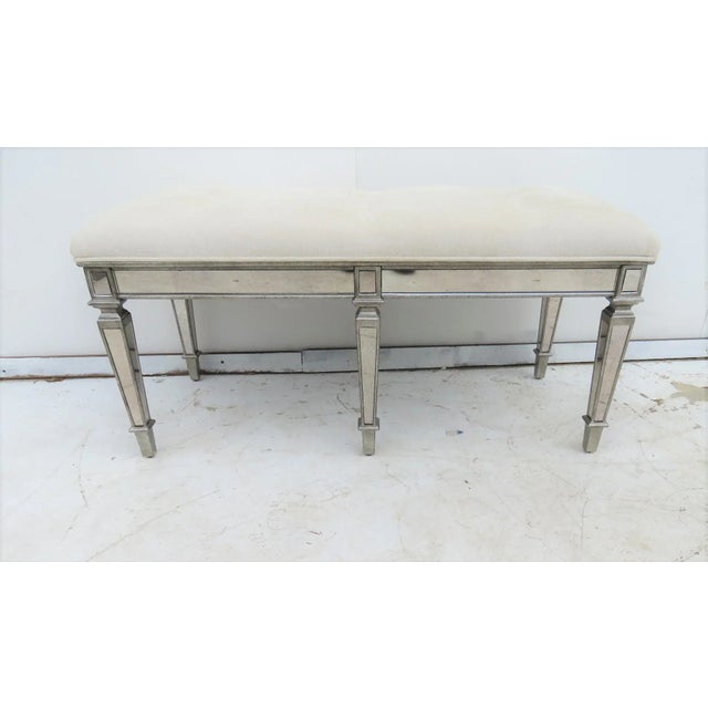 Hollywood Regency 6 Leg Bench with recessed mirrors in legs and seat rail, silver gilt paint. White tufted upholstery....