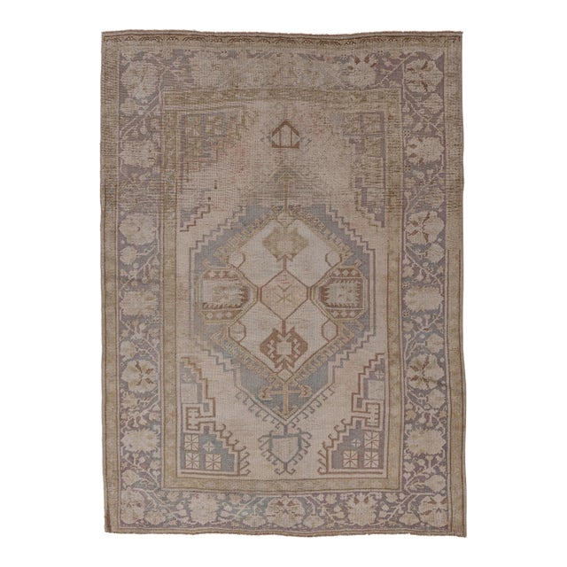 Vintage Circa 1940 Taupe Distressed Turkish Oushak Hand Knotted Wool Rug 4'1 X 6'9 For Sale