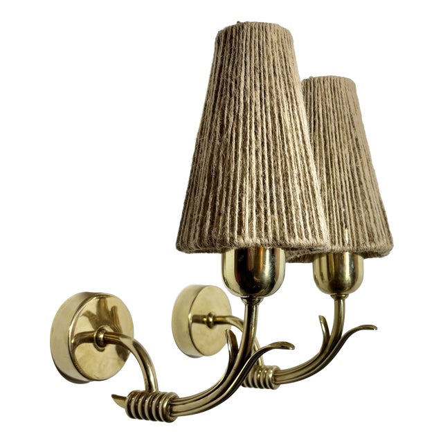 Scandinavian Modern Wall Lamps in Brass with Rope Shades, Sweden, 1940s, Set of 2 For Sale