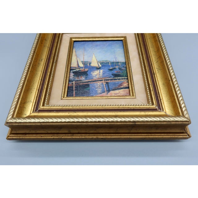 Impressionist Vintage French Oil Painting on Canvas — Impressionist Style Harbor Scene With Sailboats, 20th Century For Sale - Image 3 of 5