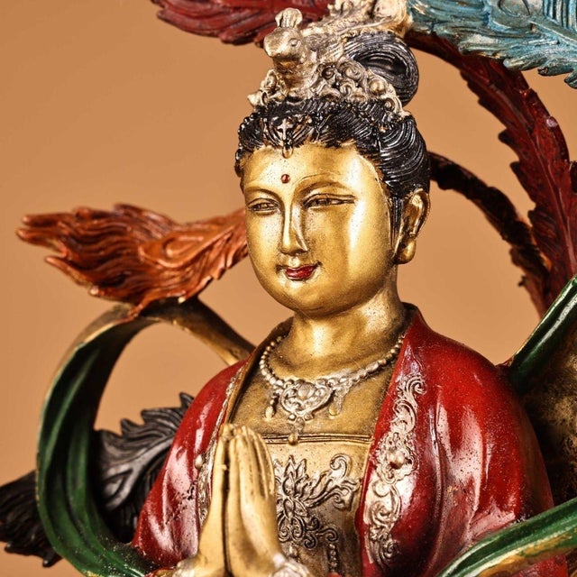 Late 20th Century Vintage Painted Bronze Sculpture of Goddess With Phoenix, Gilded & Polychrome Relief Statue For Sale - Image 5 of 9