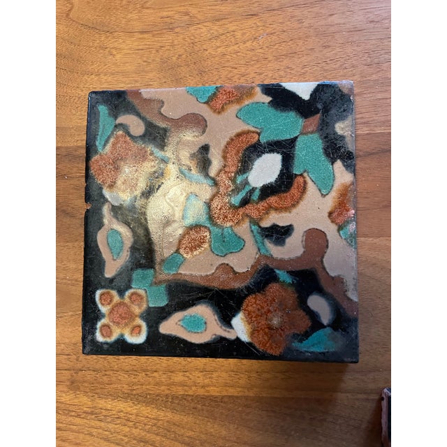 Set of four vintage hand painted terra cotta clay tiles. Taylor, Los Angeles, CA 1934-1938. Spanish Revival design...