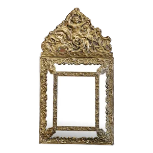 19th Century French Napoleon III Repousse Brass Beveled Overlay Wall Mirror