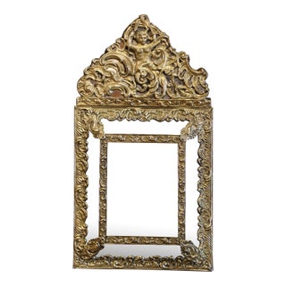19th Century French Napoleon III Repoussé Brass Wall Mirror With Beveled Glass For Sale
